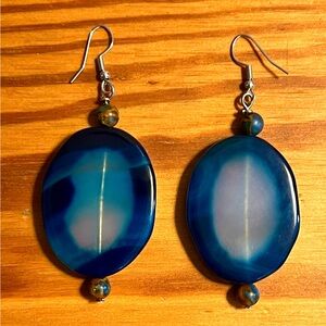 Large Handmade Oval Blue Agate Stone & SilverTone Dangling Earrings 2.75”L